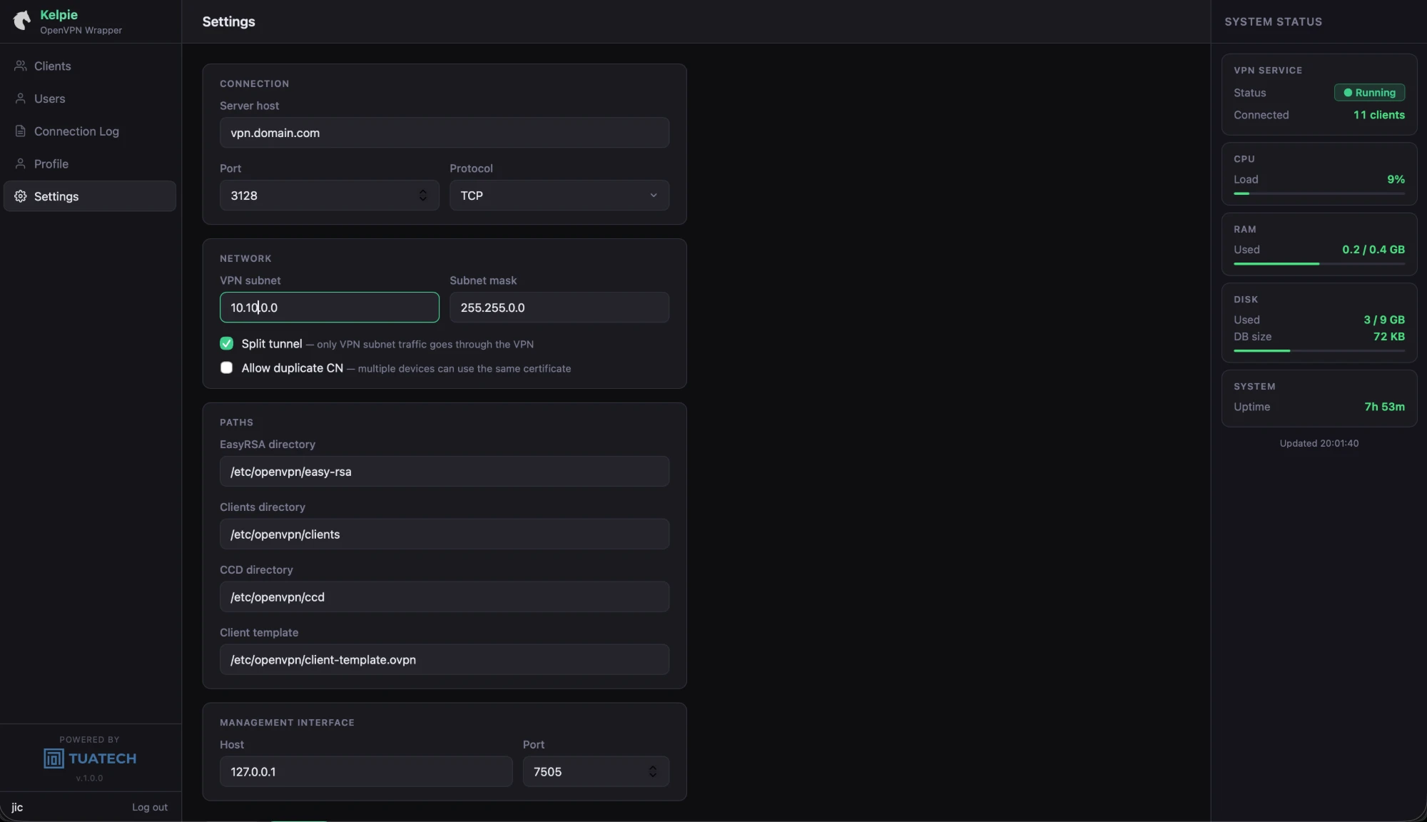 Kelpie — settings page with connection, network and path configuration